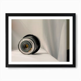 Black Camera Zoom Lens On White Cloth Art Print