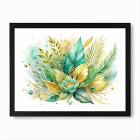 Watercolor Painting Of A Green And Gold Tropical Flower And Leaves Art Print