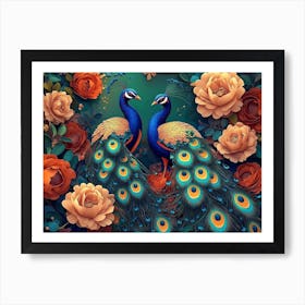 Colorful Floral with Exotic Oriental Pattern Flowers and Peacocks Art Print