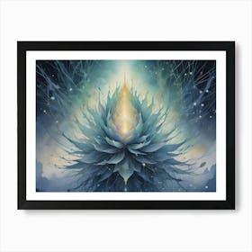 Abstract Image Of A Large, Blue And Gold Flower With Delicate, Intricate Details Art Print