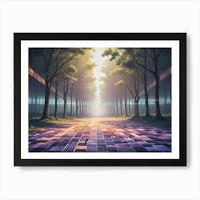 3d Digital Art Of A Path Leading Through A Forest With Tall Trees And A Misty Atmosphere Art Print