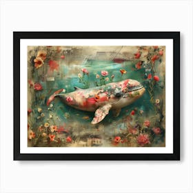 White whale In Flowers. Vintage style illustration. Wall art 04 Art Print