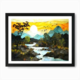 Sunset Stream - Sunset In The Mountains Art Print