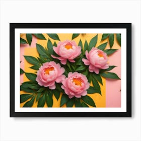 A Flat Lay Composition Of Pink Peonies And Green Leaves Arranged On A Pink And Yellow Background Art Print