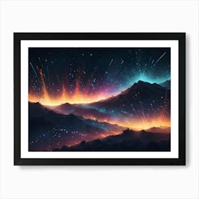 A Scene Of Mountains Against A Starry Night Sky With Bursts Of Colorful Light Emanating From Behind Them Art Print