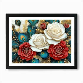 3d Turquois Golden Colorful Roses Flowers with Peacock Feathers Art Print