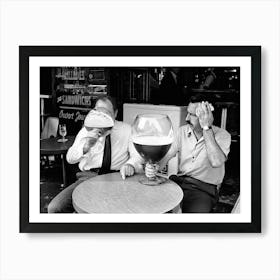 Two Men Drinking Beer From Large Glasses, Black and White, Funny Vintage Old Photo Art Print