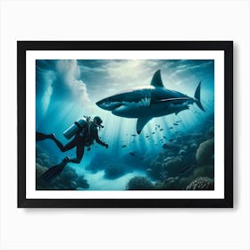 Scuba Diver And Great White Shark 3 Art Print