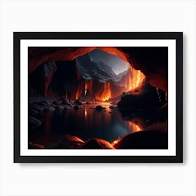 The Dark Cave Illuminated By A River Of Magma Art Print