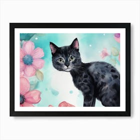 Black Cat With Flowers Art Print