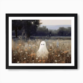 Cute Bedsheet Ghost In Flower Landscape Vintage Style, Halloween Spooky Art Print