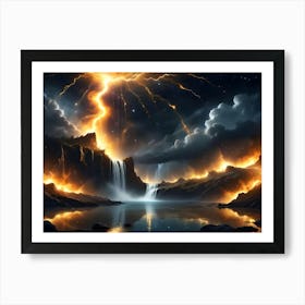 A Dramatic And Surreal Landscape With Mountains, Waterfalls, And A Lake, Illuminated By Bolts Of Lightning And Fiery Explosions Art Print