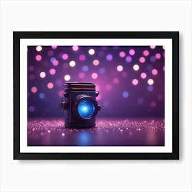 A Vintage Camera With A Glowing Blue Lens Stands On A Glittery Surface Against A Backdrop Of Defocused Purple Lights Art Print