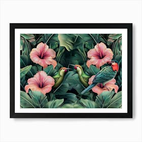 Tropical Background with Exotic Flowers, Birds, Banana Leaves, Palm, Protea, Hibiscus, Hummingbirds 1 Art Print