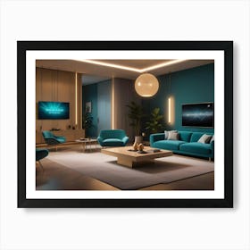 A Modern Living Room With Teal Walls, Blue Armchairs, A Teal Couch, A Coffee Table With Gold Accents, And A Large Abstract Painting On The Wall Art Print