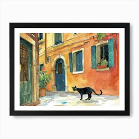 Black Cat In Vicenza, Italy, Street Art Watercolour Painting 3 Art Print