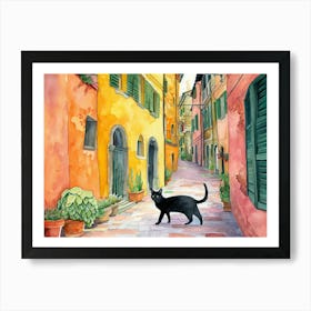 Black Cat In Modena, Italy, Street Art Watercolour Painting 1 Art Print