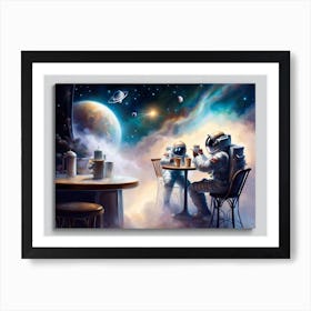 Astronauts Drinking Coffee In Space Art Print