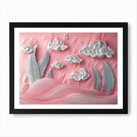 Pastel Pink 3d Expressionist Art With Silver Feathers Serene Clouds And Unique Hills Art Print