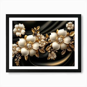 3d Illustration Background with Golden Jewelry and Flowers 1 Art Print