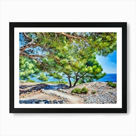 Coastal Path Through Trees in Cassis Provence France. A winding dirt path leads through a grove of lush green trees, their branches reaching out towards a clear blue sea in the distance. The path is bordered by rocks and sparse vegetation, creating a natural and rustic feel. The sunlight filters through the leaves, casting dappled shadows on the ground. Art Print