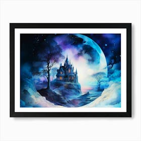 Abstract Watercolor Painting of a mystic Castle at Full Moon Art Print