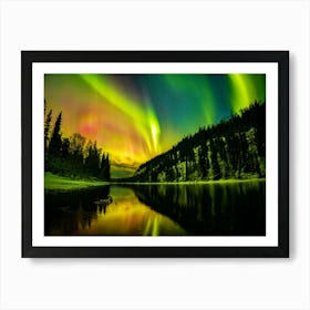 Scenic View Of Aurora Borealis Stretching Over A Lake At Night Art Print