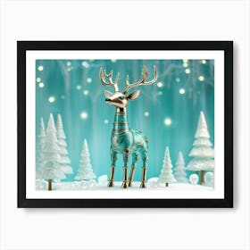 Whimsical Teal Deer Crafted From Ceramic And Metal In A Robotic Style Frolicks Amidst An Enchantin Art Print