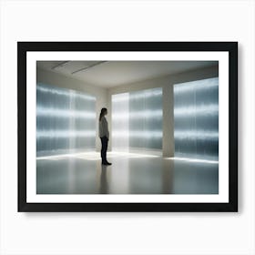 A Woman Stands In A White Room, Looking At A Large, Abstract Screen Displaying A Series Of Vertical Lines And Patterns Art Print