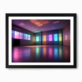 An Empty Room With Colorful Light Streaming Through The Windows, Casting Vibrant Reflections On The Floor Art Print