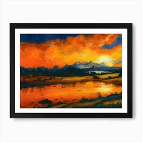 Breathtaking sunset over tranquil mountain lake Art Print