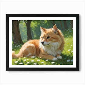 A Cute Fox With Orange And White Fur Sits In A Field Of Daisies Under The Warm Sunlight Art Print