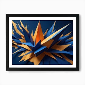 An Abstract Image Of A Geometric Explosion Of Blue And Orange Shapes Against A Dark Blue Background Art Print