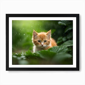 Cat hiding behind green leaves In The Rain Art Print