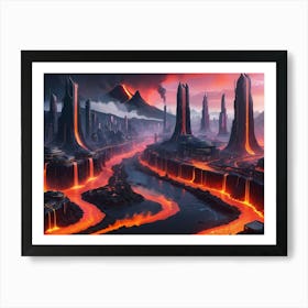 Cyberpunk city with lava and river Art Print