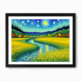 Oil painting with Van Gogh influences, landscape of fields and a stream crossing the horizon on a beautiful moonlit night. Art Print