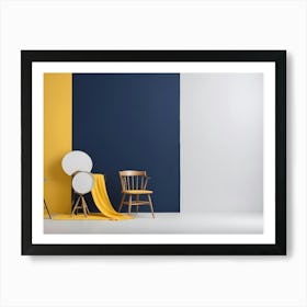 A Minimalist Image Of A Yellow Wall And A White Wall, With A Wooden Chair, A Lamp, A Tripod, And Fabric, Representing A Studio Or Photo Shoot Setup Art Print