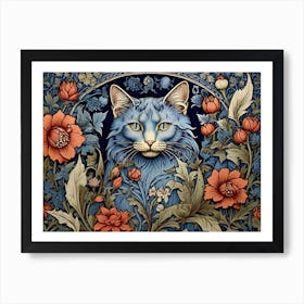 Blue Cat in william morris style Art Print