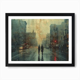 Temporal Resonances: A Conceptual Art Collection. Two People On A Rainy Street Art Print