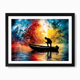 Silhouette of a man fishing on boat - Acrylic oil painting  #1 Art Print