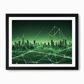 Abstract Digital Artwork Of A Futuristic Cityscape With Glowing Green Lines Representing A Network Or Grid 4 Art Print