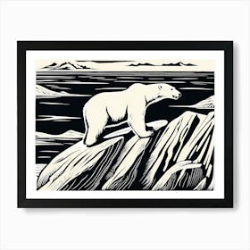 Polar Bear Cavorting In The Arctic Expanse Linocut Art, animal art, 161 Art Print