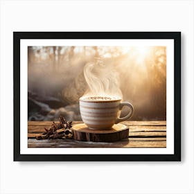 A Rustic Mug Of Hot Cappuccino Sitting On An Old Wooden Table The Rich Aroma Wafting Upwards Mingli (1) Art Print