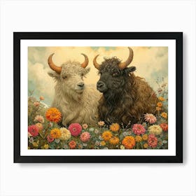 Floral Animal Illustration Yak 4 Art Print