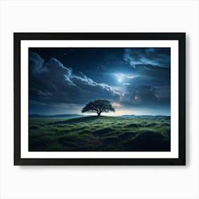 Center Of A Night Sky Blanketed By A Vast Sea Of Clouds Live Action Scene Capturing The Solitary Ma Art Print