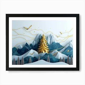 3d Modern Art with Blue Night Landscape with Dark Mountains, Giant Golden Tree and Gold Art Print