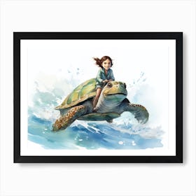 Little Girl Riding Sea Turtle 1 Art Print