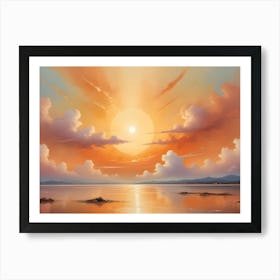 A Serene Landscape Painting Depicting A Sunrise Over A Calm Lake With Islands And Distant Mountains, Painted In Soft, Warm Colors Art Print