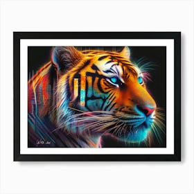 A Vivid Neon Digital Color Painting of a Bengal Tiger Head Art Print