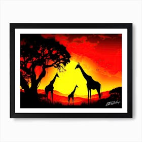 Serengeti Sun - Giraffes At Sunset Art Print